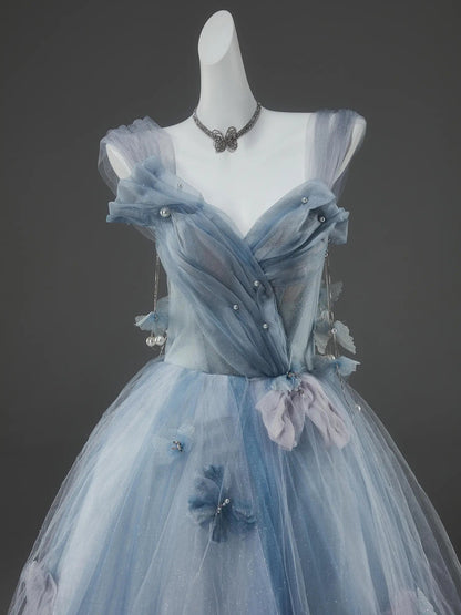 Sparkly Tulle Formal Gown with Bow, Pearl, Butterfly & Sweetheart Neckline - CQ0147-Couture Gown 2025 -Viniodress-Blue-Custom Size-