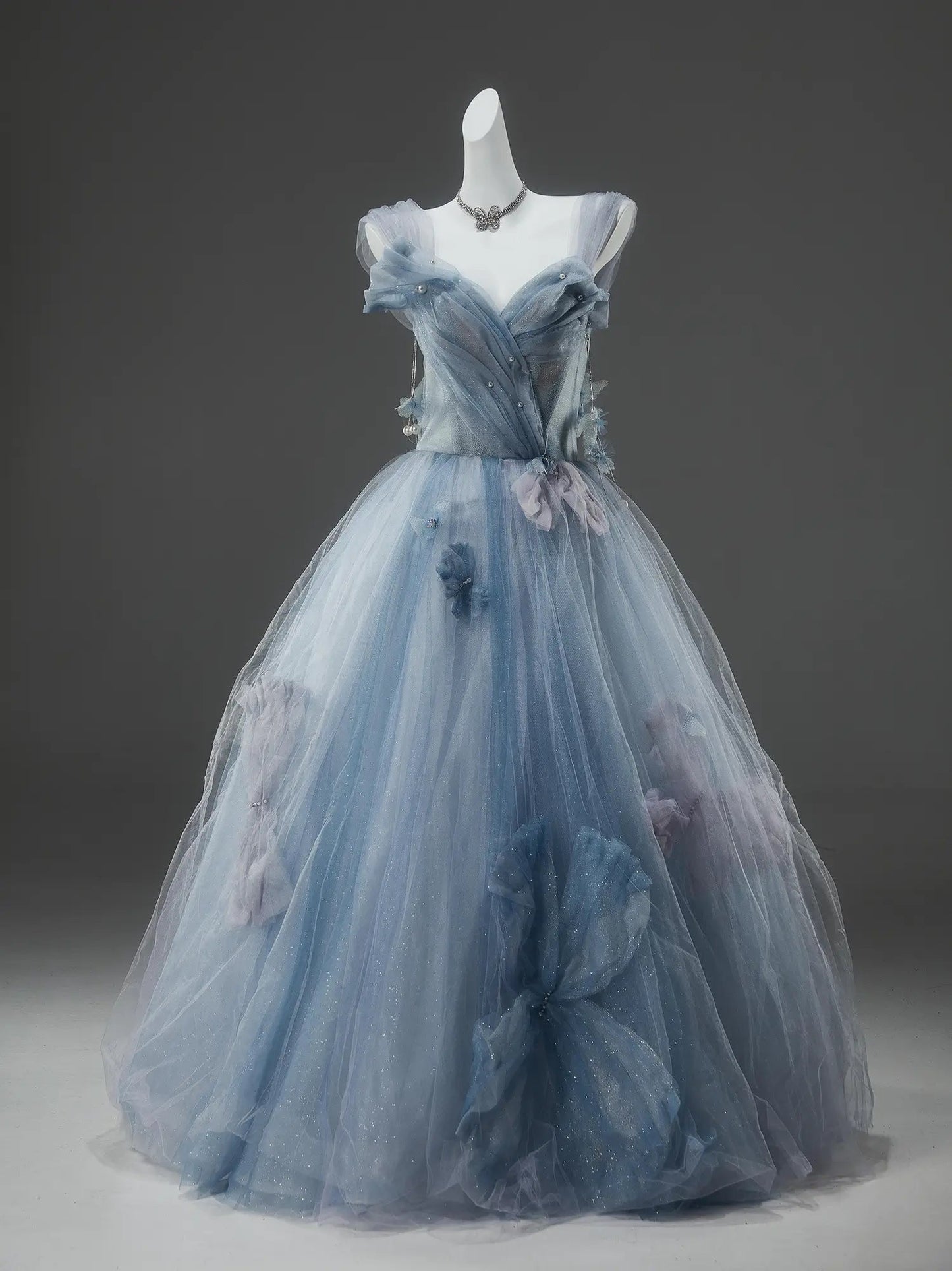 Sparkly Tulle Formal Gown with Bow, Pearl, Butterfly & Sweetheart Neckline - CQ0147-Couture Gown 2025 -Viniodress-Blue-Custom Size-