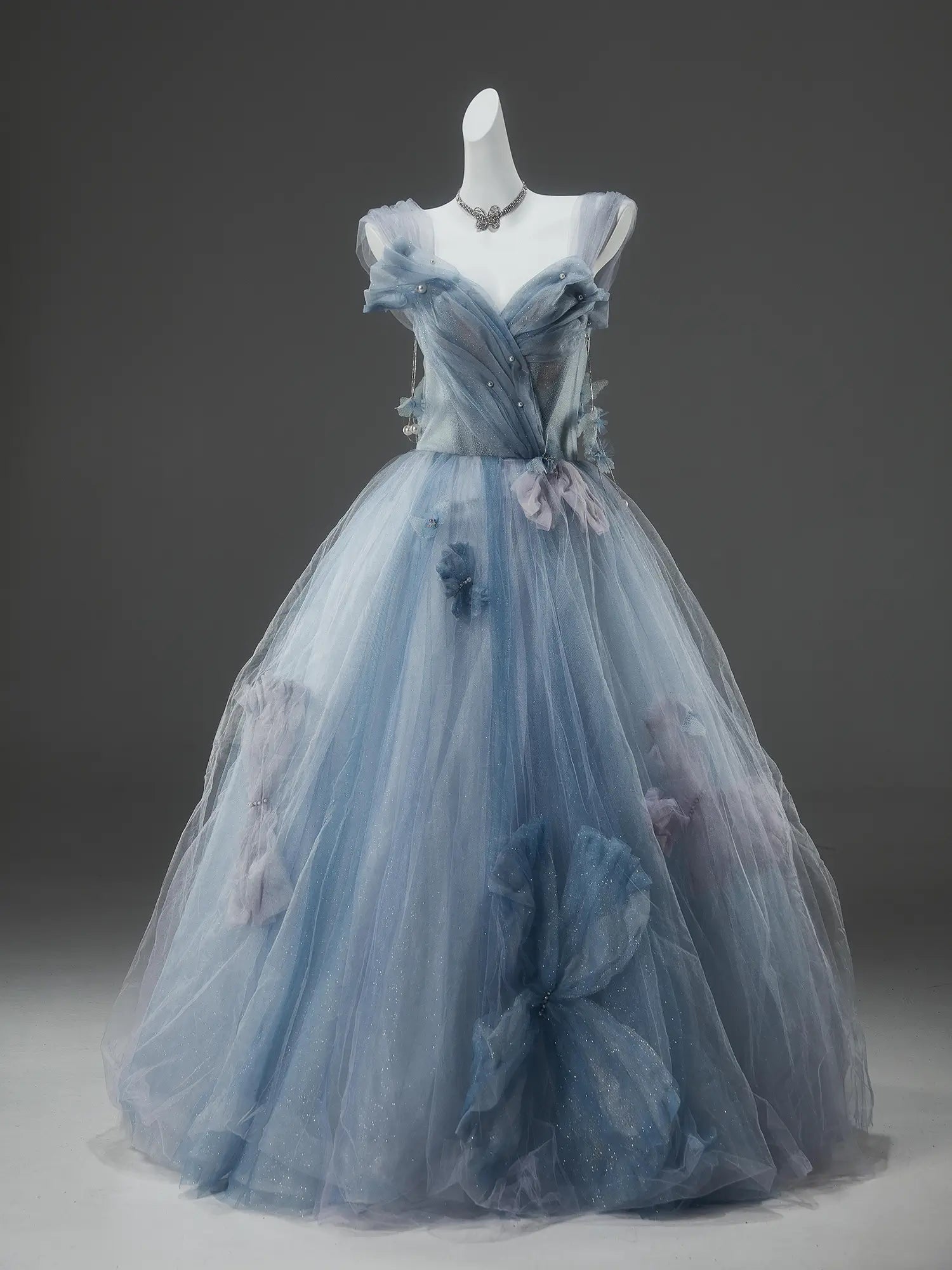 Sparkly Tulle Formal Gown with Bow, Pearl, Butterfly & Sweetheart Neckline - CQ0147-Couture Gown 2025 -Viniodress-Blue-Custom Size-
