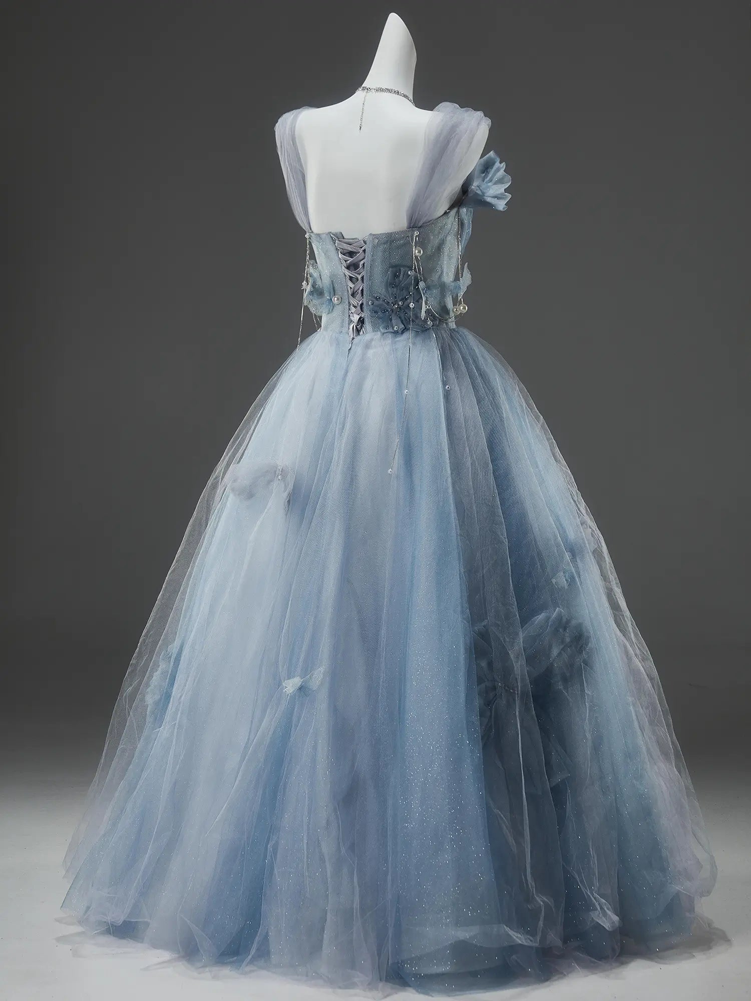 Sparkly Tulle Formal Gown with Bow, Pearl, Butterfly & Sweetheart Neckline - CQ0147-Couture Gown 2025 -Viniodress-Blue-Custom Size-