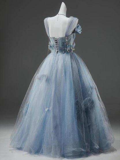 Sparkly Tulle Formal Gown with Bow, Pearl, Butterfly & Sweetheart Neckline - CQ0147-Couture Gown 2025 -Viniodress-Blue-Custom Size-
