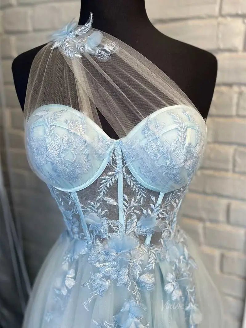 Sparkly Tulle Lace Prom Dresses 2025 One Shoulder Formal Gown with Slit - FD5158-prom dresses 2025 -Viniodress-Black-Custom Size-