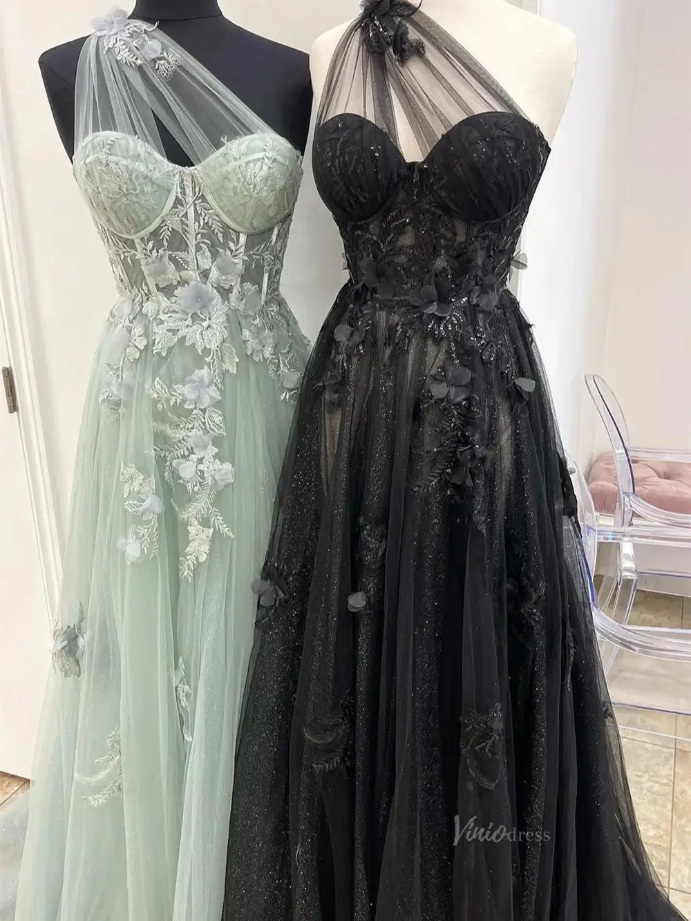 Sparkly Tulle Lace Prom Dresses 2025 One Shoulder Formal Gown with Slit - FD5158-prom dresses 2025 -Viniodress-Black-Custom Size-
