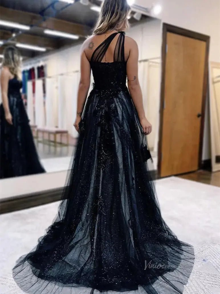 Sparkly Tulle Lace Prom Dresses 2025 One Shoulder Formal Gown with Slit - FD5158-prom dresses 2025 -Viniodress-Black-Custom Size-