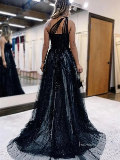 Sparkly Tulle Lace Prom Dresses 2025 One Shoulder Formal Gown with Slit - FD5158-prom dresses 2025 -Viniodress-Black-Custom Size-