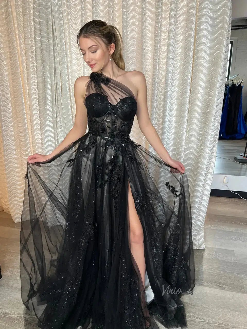 Sparkly Tulle Lace Prom Dresses 2025 One Shoulder Formal Gown with Slit - FD5158-prom dresses 2025 -Viniodress-Black-Custom Size-