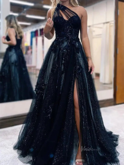 Sparkly Tulle Lace Prom Dresses 2025 One Shoulder Formal Gown with Slit - FD5158-prom dresses 2025 -Viniodress-Black-Custom Size-