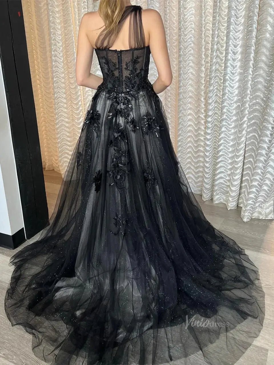 Sparkly Tulle Lace Prom Dresses 2025 One Shoulder Formal Gown with Slit - FD5158-prom dresses 2025 -Viniodress-Black-Custom Size-