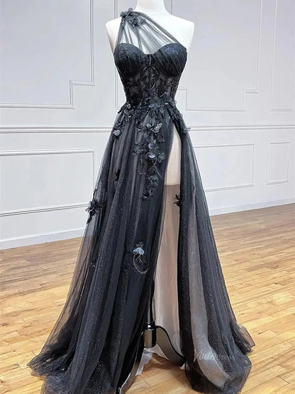 Sparkly Tulle Lace Prom Dresses 2025 One Shoulder Formal Gown with Slit - FD5158-prom dresses 2025 -Viniodress-Black-Custom Size-