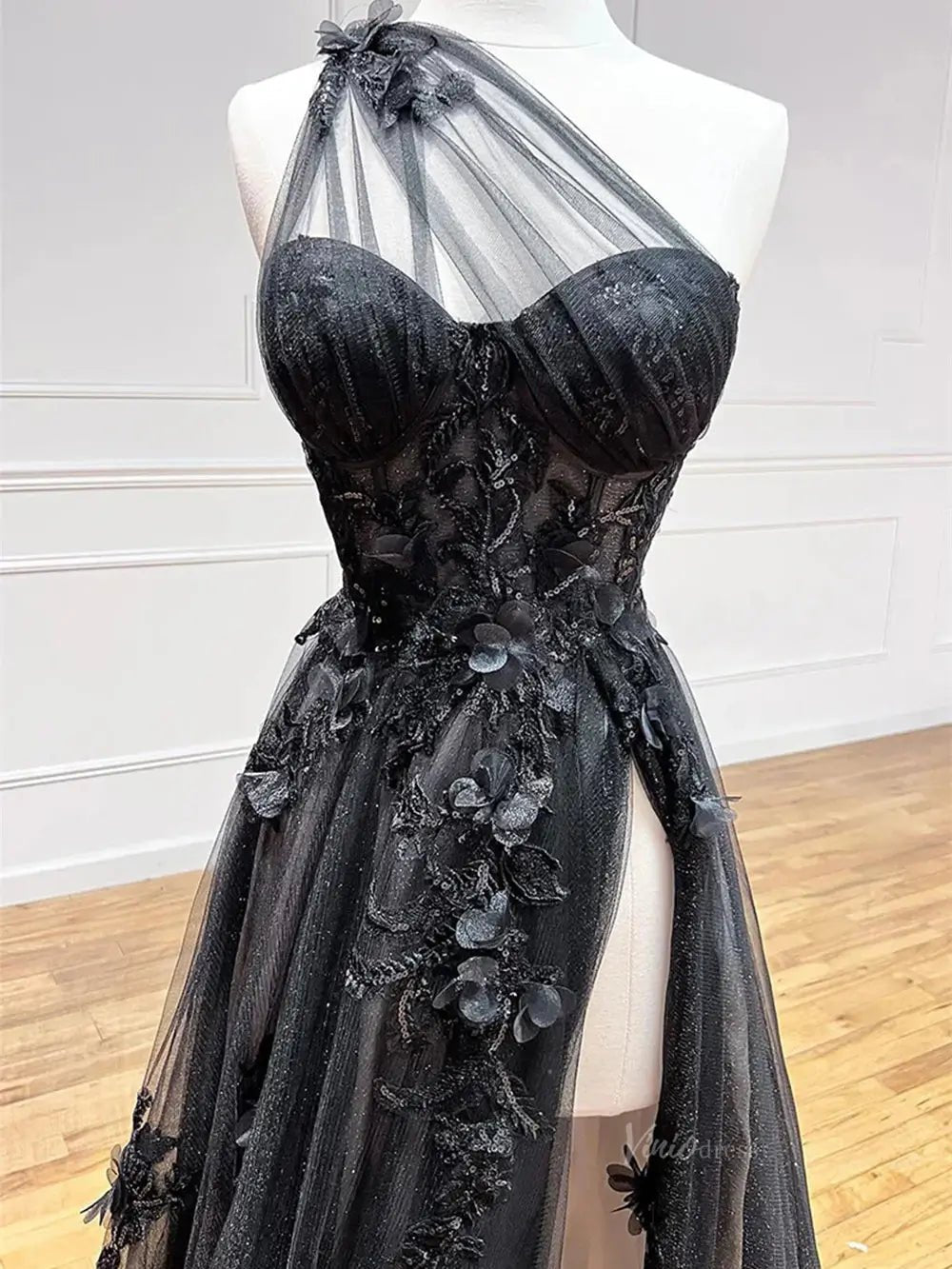 Sparkly Tulle Lace Prom Dresses 2025 One Shoulder Formal Gown with Slit - FD5158-prom dresses 2025 -Viniodress-Black-Custom Size-