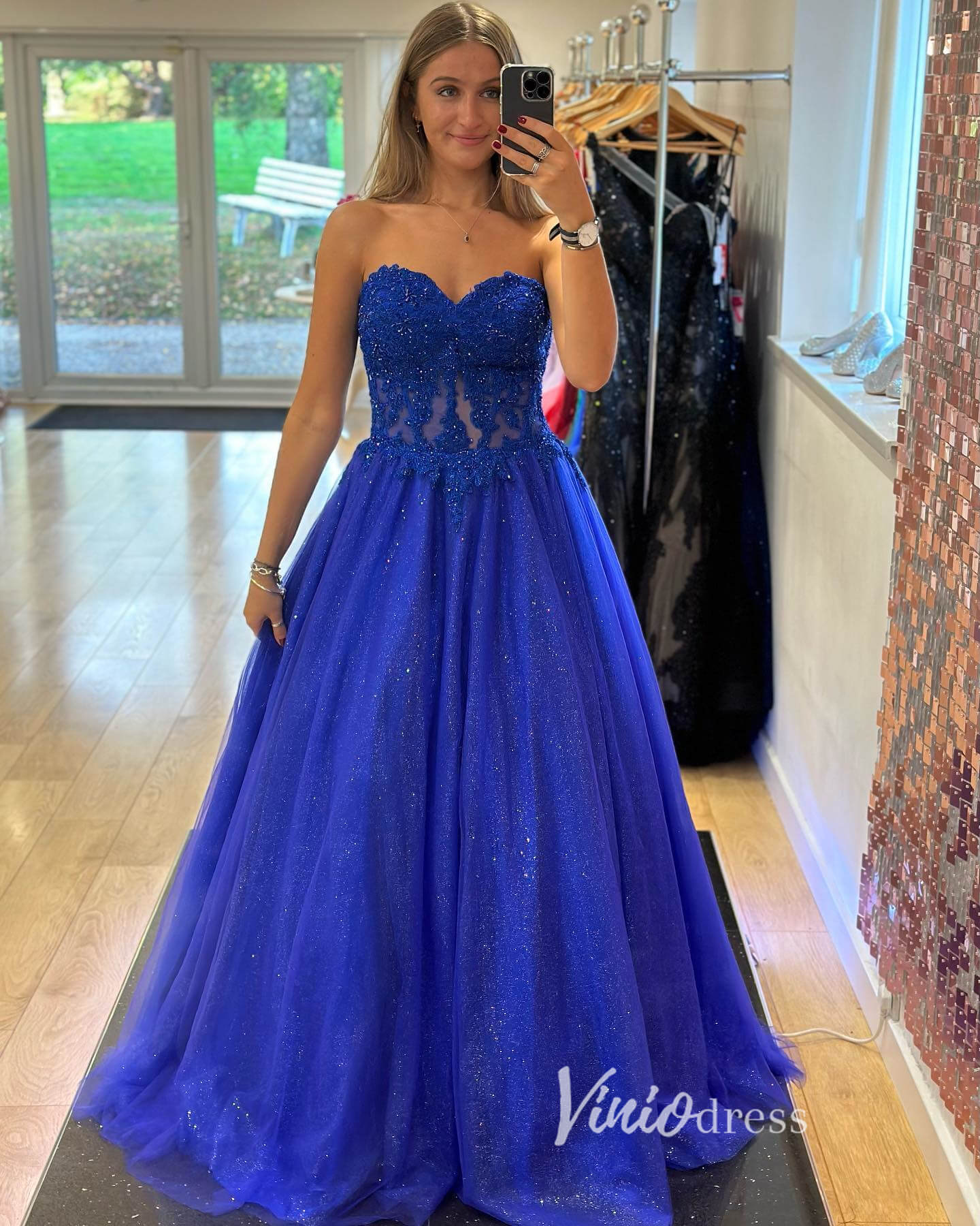 Sparkly Tulle Long Prom Dress Strapless Lace Applique A-line Evening Gown FD3351-prom dresses 2025 -Viniodress-Emerald-Custom Size-