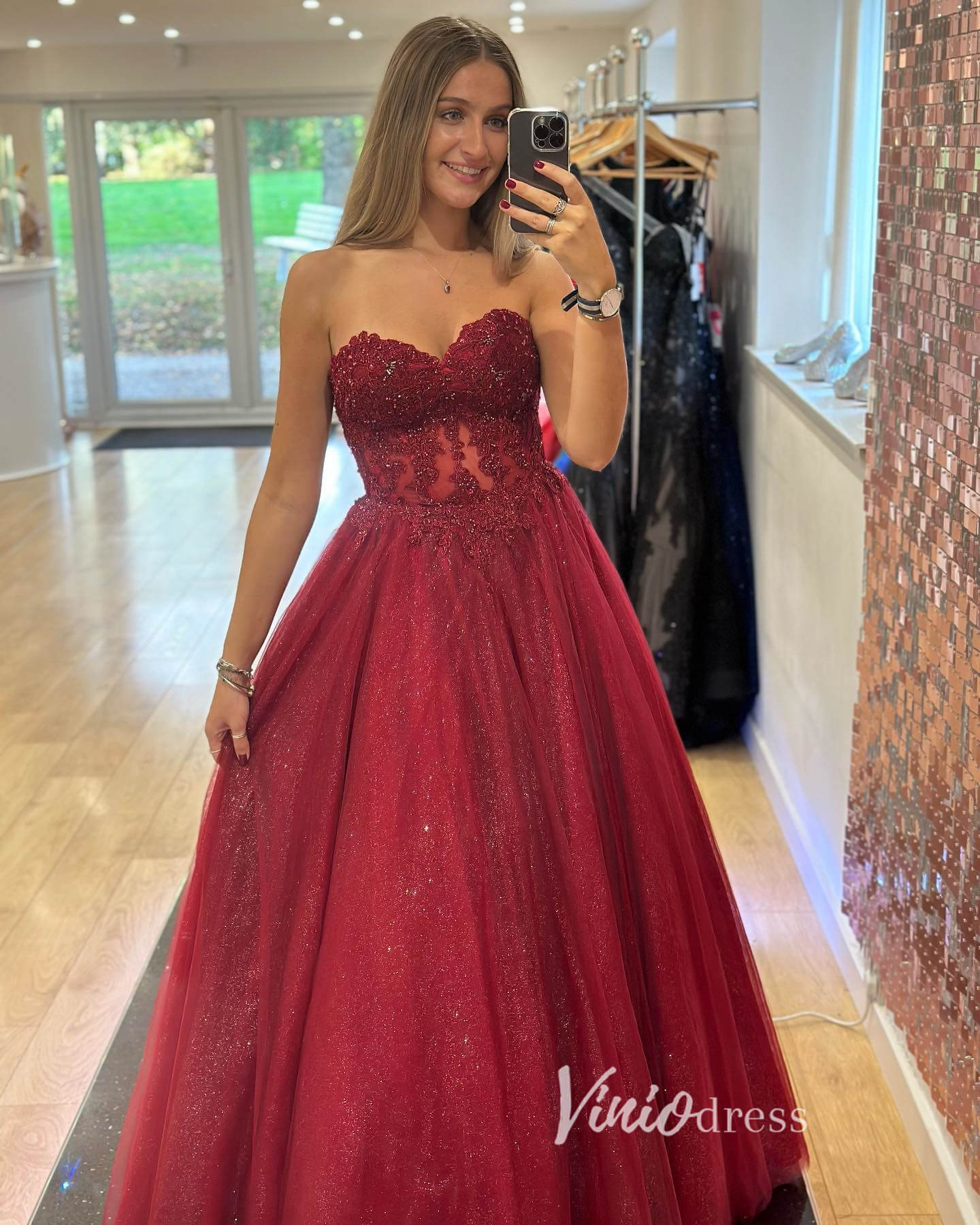 Sparkly Tulle Long Prom Dress Strapless Lace Applique A-line Evening Gown FD3351-prom dresses 2025 -Viniodress-Emerald-Custom Size-