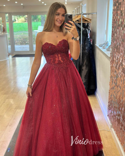Sparkly Tulle Long Prom Dress Strapless Lace Applique A-line Evening Gown FD3351-prom dresses 2025 -Viniodress-Emerald-Custom Size-