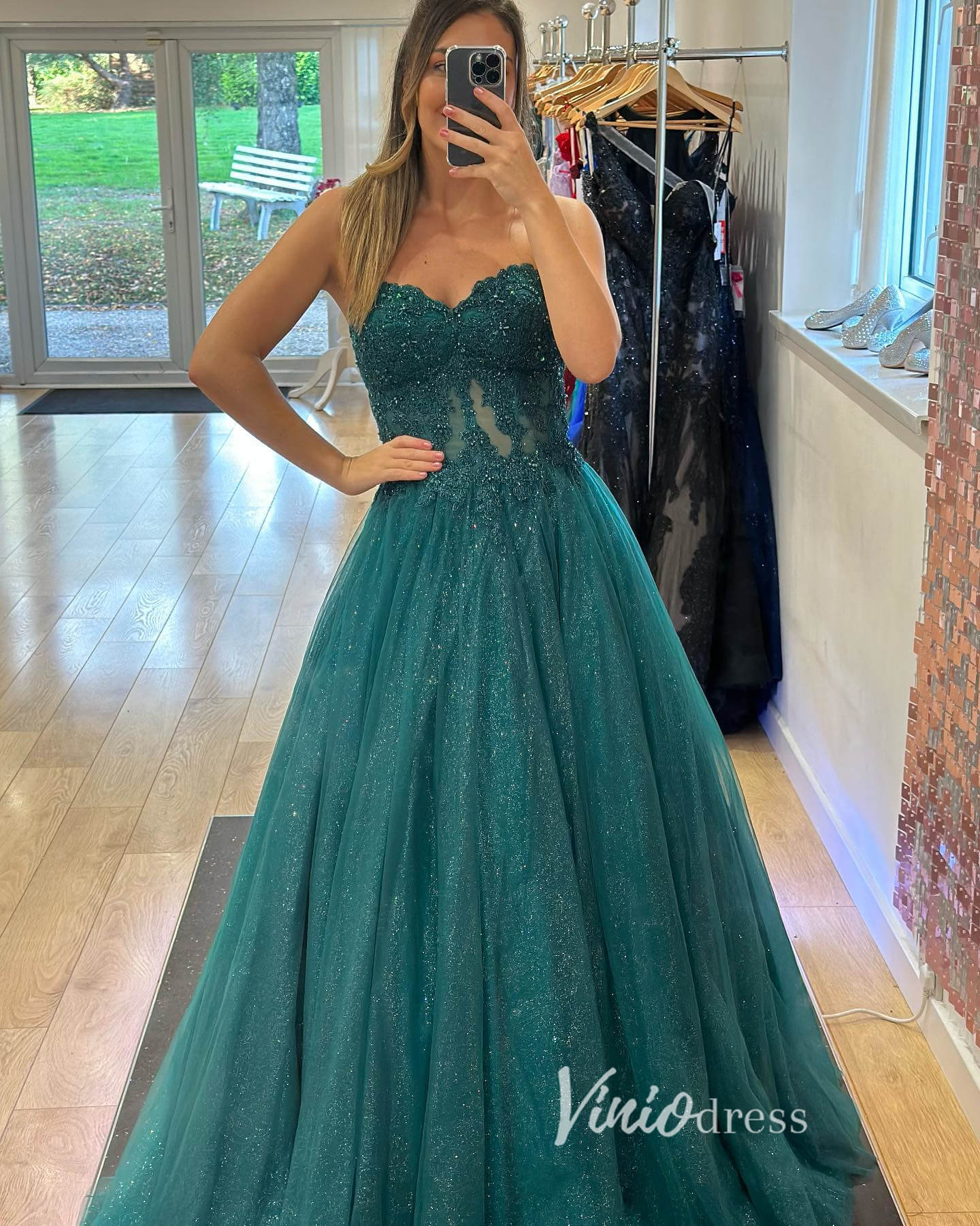 Sparkly Tulle Long Prom Dress Strapless Lace Applique A-line Evening Gown FD3351-prom dresses 2025 -Viniodress-Emerald-Custom Size-