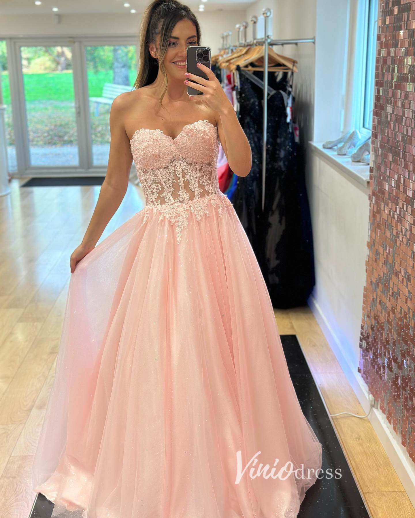 Prom Dress 2025 Emerald Green Lace Applique Prom Dresses Strapless Evening Dress FD3351-unique prom dresses-Pink-Custom Size-Viniodress