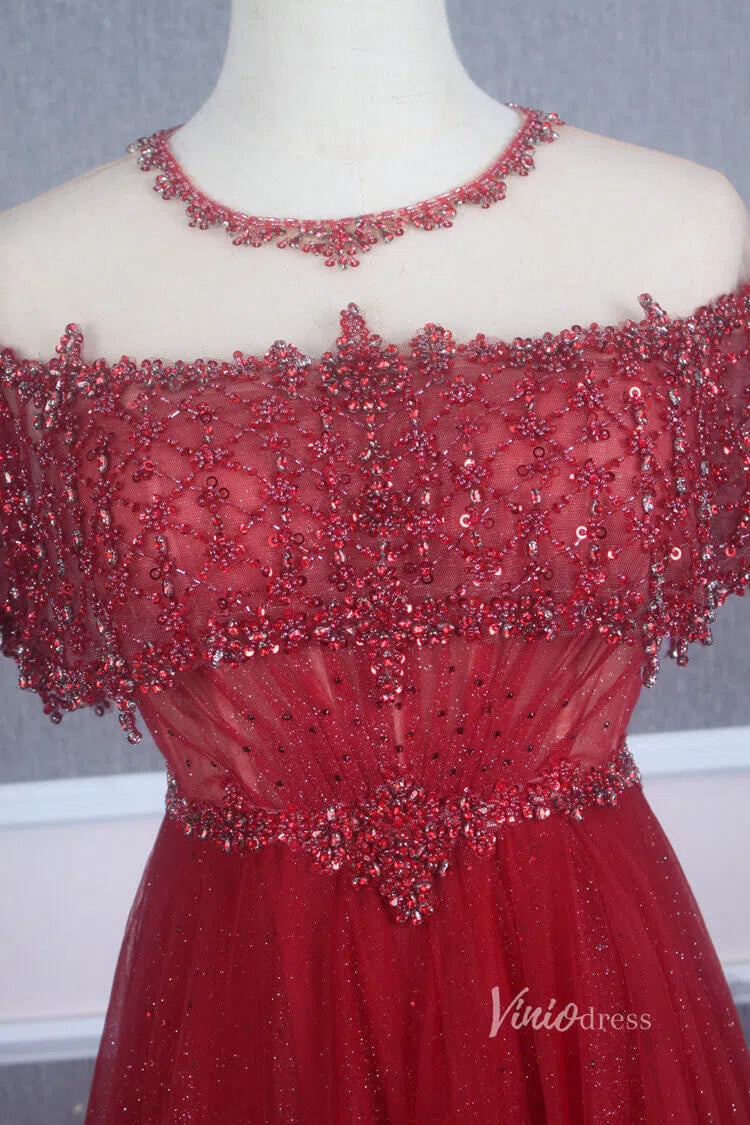 Prom Dress 2025 Sparkly Tulle Prom Dress Beaded A-line Long Formal Dress FD2777-unique prom dresses-Red-US 2-Viniodress