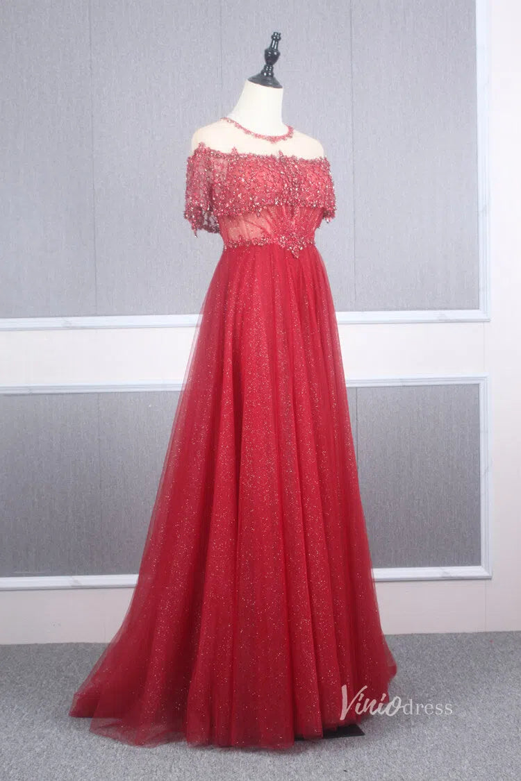 Prom Dress 2025 Sparkly Tulle Prom Dress Beaded A-line Long Formal Dress FD2777-unique prom dresses-Red-US 2-Viniodress