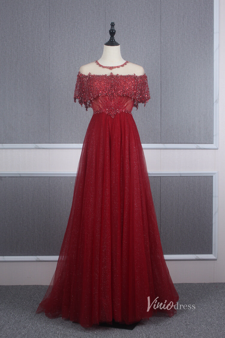 Sparkly Tulle Prom Dress Beaded A-line Long Formal Dress FD2777-prom dresses-Viniodress-Red-US 2-Viniodress