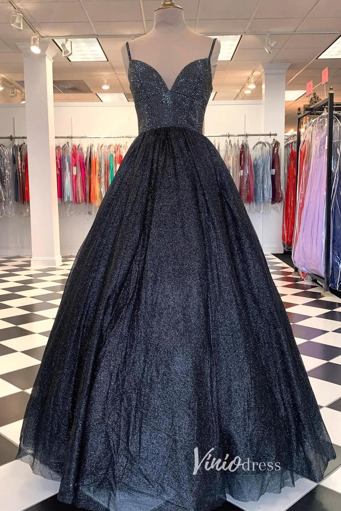 Sparkly Tulle Prom Dresses Spaghetti Strap Black Formal Dress FD2715-prom dresses 2025 -Viniodress-Red-Custom Size-