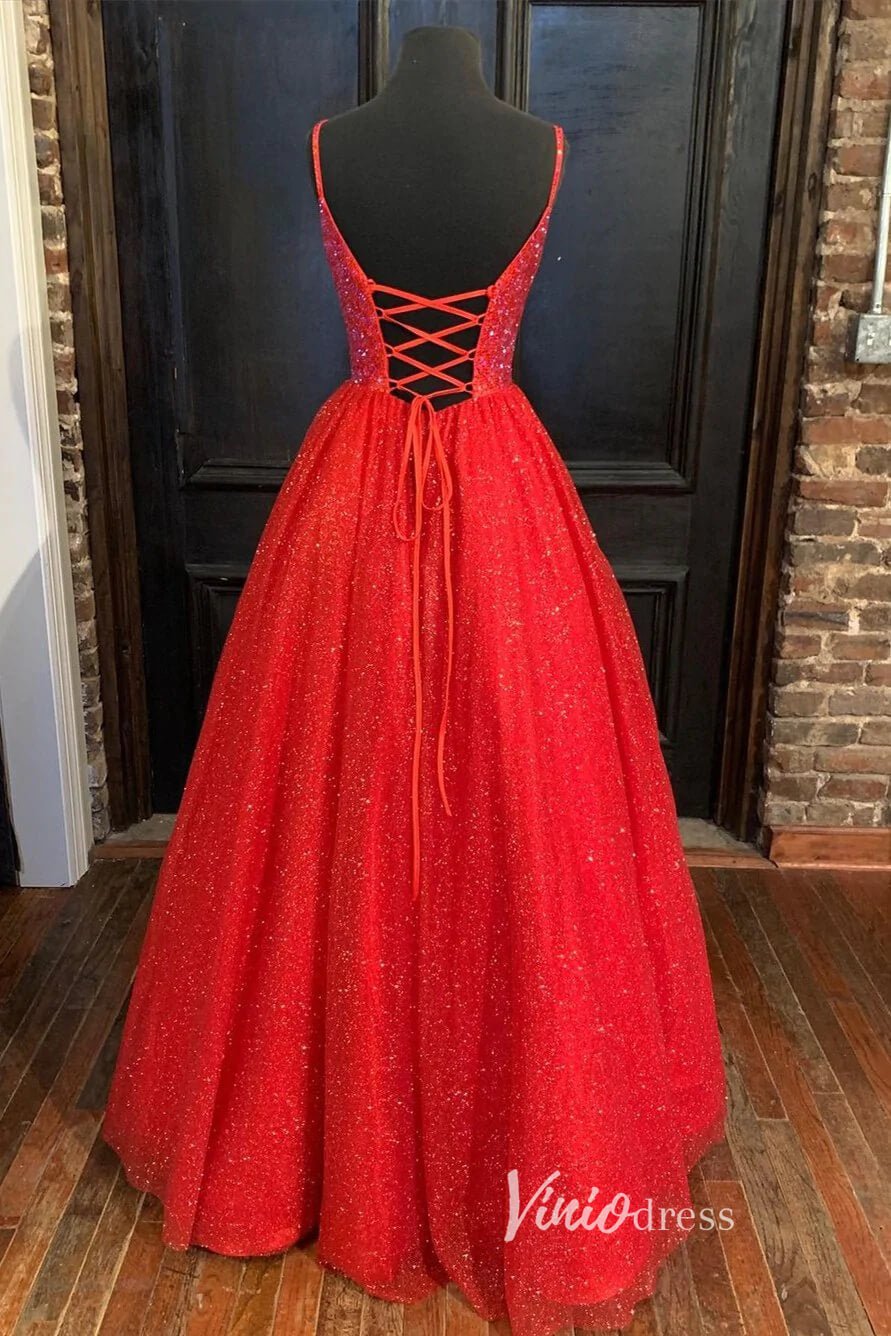 Sparkly Tulle Prom Dresses Spaghetti Strap Black Formal Dress FD2715-prom dresses 2025 -Viniodress-Red-Custom Size-