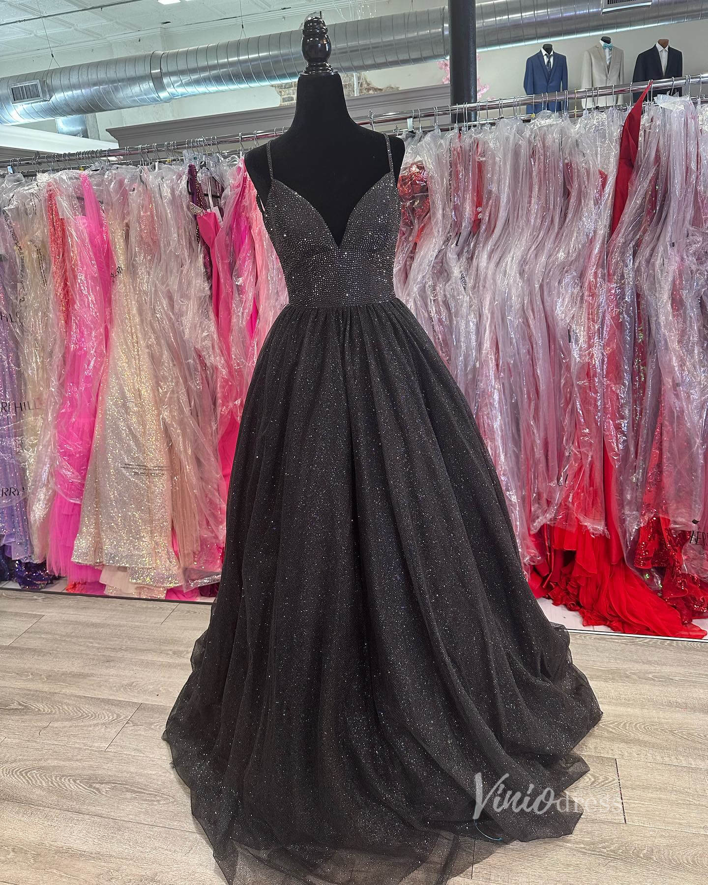 Sparkly Tulle Prom Dresses Spaghetti Strap Black Formal Dress FD2715-prom dresses 2025 -Viniodress-Red-Custom Size-