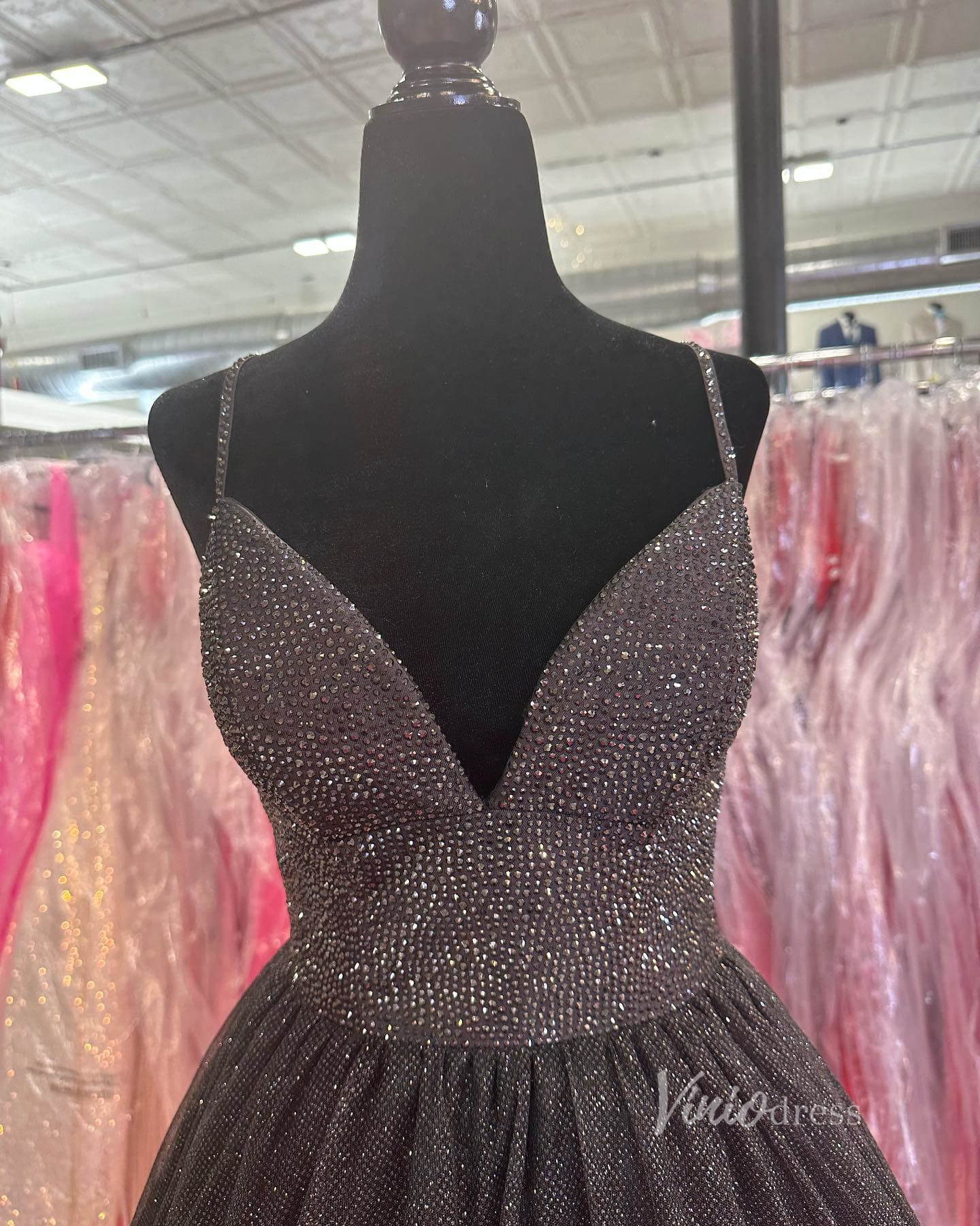 Sparkly Tulle Prom Dresses Spaghetti Strap Black Formal Dress FD2715-prom dresses 2025 -Viniodress-Red-Custom Size-