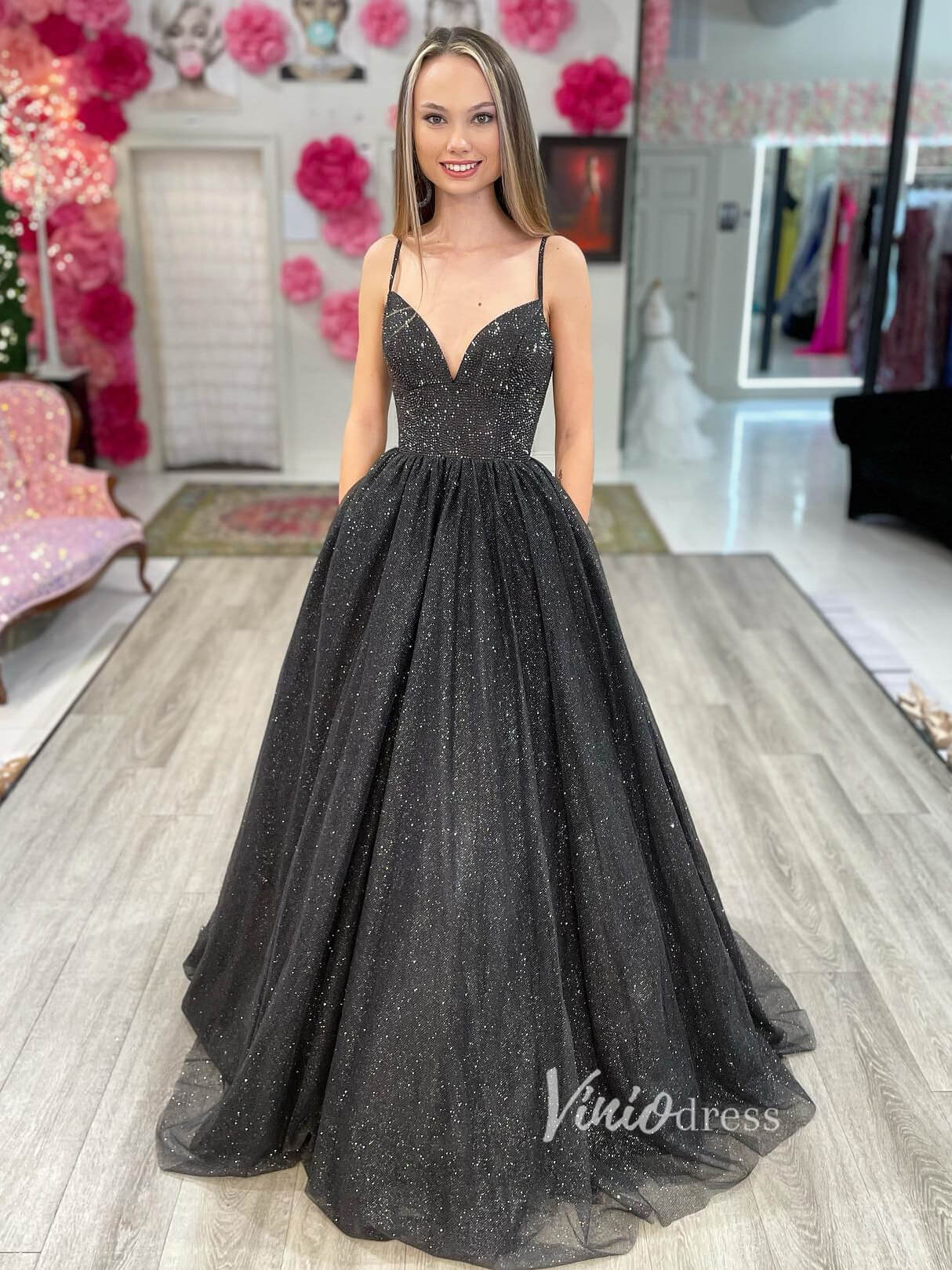 Prom Dress 2025 Sparkly Tulle Prom Dresses Spaghetti Strap Black Formal Dress FD2715-unique prom dresses-Black-Custom Size-Viniodress