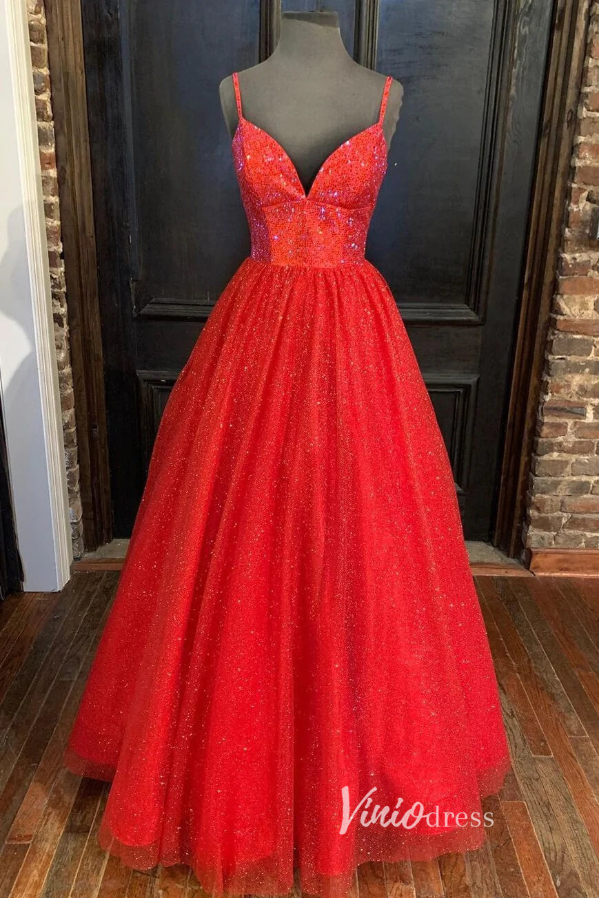 Prom Dress 2025 Sparkly Tulle Prom Dresses Spaghetti Strap Black Formal Dress FD2715-unique prom dresses-Red-Custom Size-Viniodress