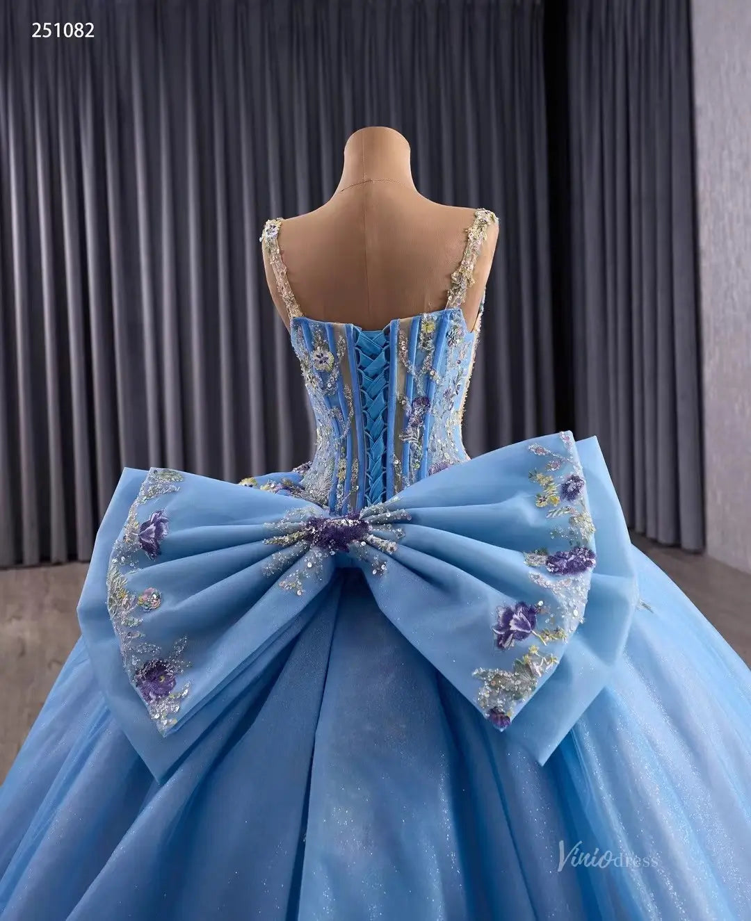 Sparkly Tulle Quinceañera Dress | Colorful Floral Appliqué Ball Gown with Bow Train & Corset Back 251082-Quinceanera Dresses 2025 -Viniodress-Sky Blue-Custom Size-