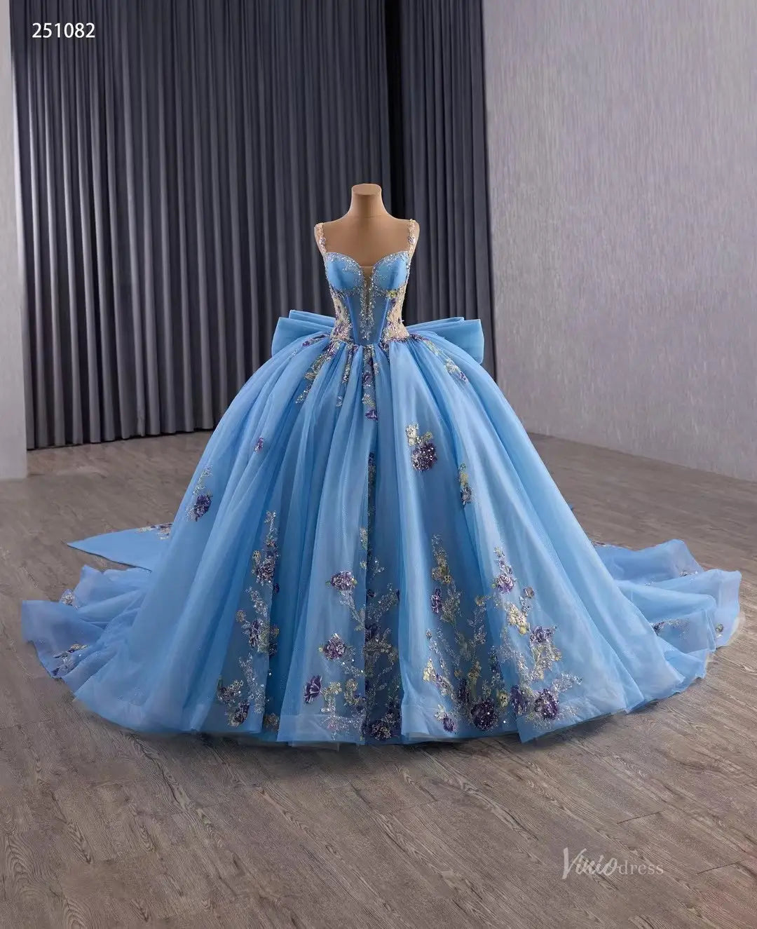Sparkly Tulle Quinceañera Dress | Colorful Floral Appliqué Ball Gown with Bow Train & Corset Back 251082-Quinceanera Dresses 2025 -Viniodress-Sky Blue-Custom Size-