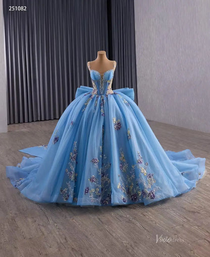 Sparkly Tulle Quinceañera Dress | Colorful Floral Appliqué Ball Gown with Bow Train & Corset Back 251082-Quinceanera Dresses 2025 -Viniodress-Sky Blue-Custom Size-