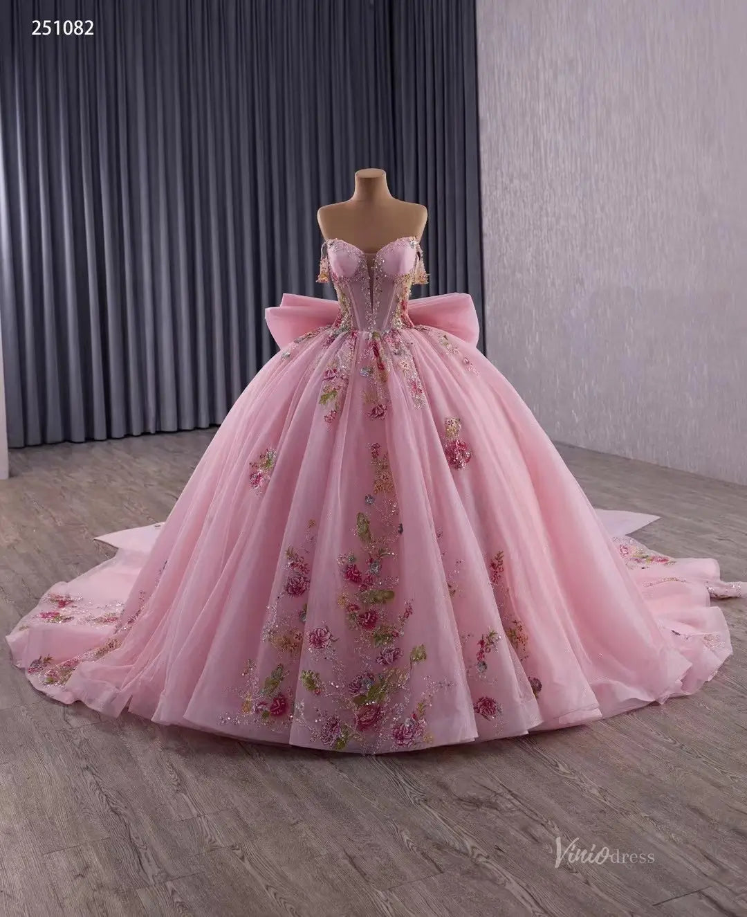 Sparkly Tulle Quinceañera Dress | Colorful Floral Appliqué Ball Gown with Bow Train & Corset Back 251082-Quinceanera Dresses 2025 -Viniodress-Sky Blue-Custom Size-