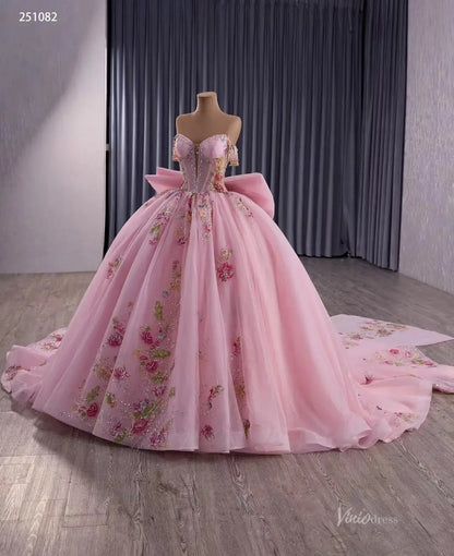 Sparkly Tulle Quinceañera Dress | Colorful Floral Appliqué Ball Gown with Bow Train & Corset Back 251082-Quinceanera Dresses 2025 -Viniodress-Sky Blue-Custom Size-