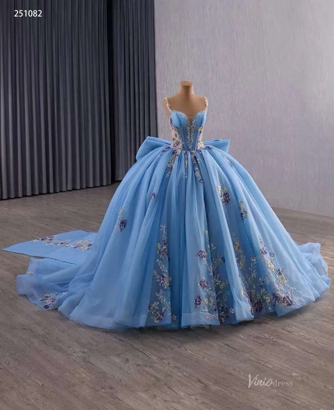 Sparkly Tulle Quinceañera Dress | Colorful Floral Appliqué Ball Gown with Bow Train & Corset Back 251082-Quinceanera Dresses 2025 -Viniodress-Sky Blue-Custom Size-