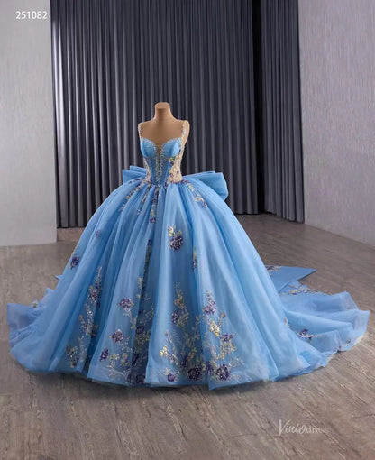 Sparkly Tulle Quinceañera Dress | Colorful Floral Appliqué Ball Gown with Bow Train & Corset Back 251082-Quinceanera Dresses 2025 -Viniodress-Sky Blue-Custom Size-