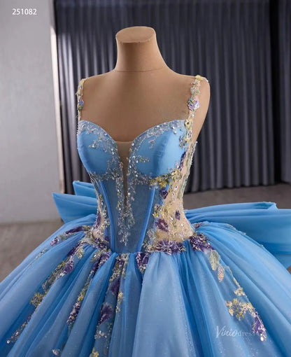 Sparkly Tulle Quinceañera Dress | Colorful Floral Appliqué Ball Gown with Bow Train & Corset Back 251082-Quinceanera Dresses 2025 -Viniodress-Sky Blue-Custom Size-