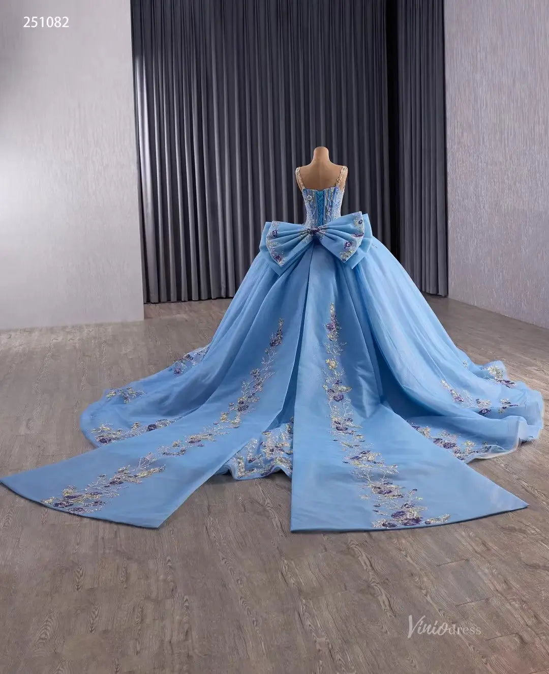 Sparkly Tulle Quinceañera Dress | Colorful Floral Appliqué Ball Gown with Bow Train & Corset Back 251082-Quinceanera Dresses 2025 -Viniodress-Sky Blue-Custom Size-