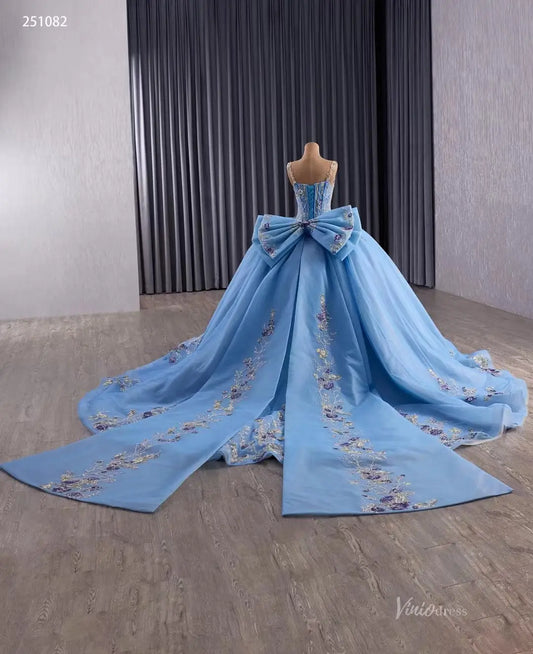 Sparkly Tulle Quinceañera Dress | Colorful Floral Appliqué Ball Gown with Bow Train & Corset Back 251082-Quinceanera Dresses 2025 -Viniodress-Sky Blue-Custom Size-