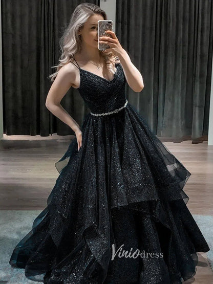 Sparkly Tulle Ruffle Prom Dresses Lace-up Back Ball Gowns FD1017B-prom dresses 2025 -Viniodress-Black-Custom Size-