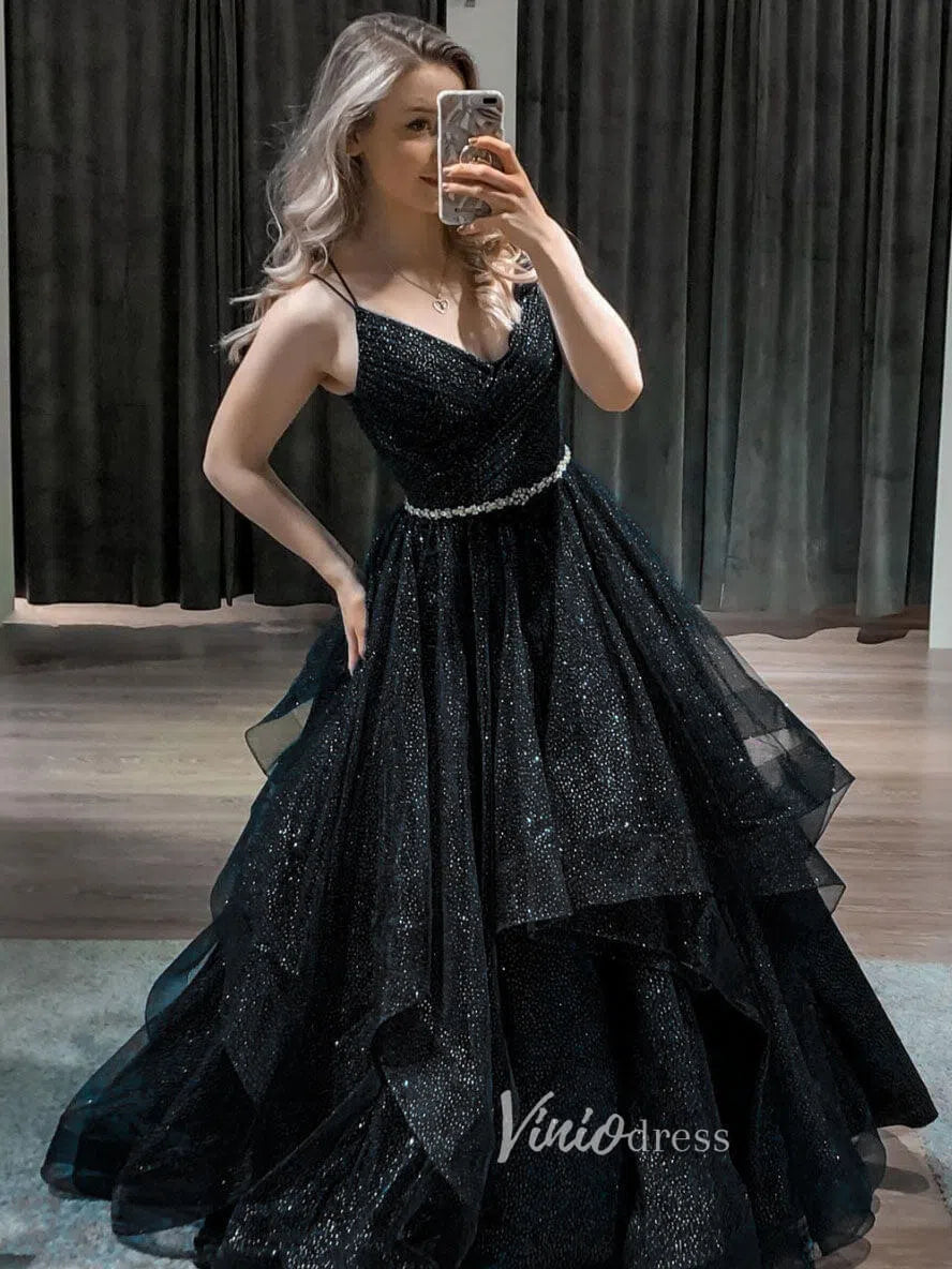 Sparkly Tulle Ruffle Prom Dresses Lace-up Back Ball Gowns FD1017B-prom dresses-Viniodress-Black-Custom Size-Viniodress