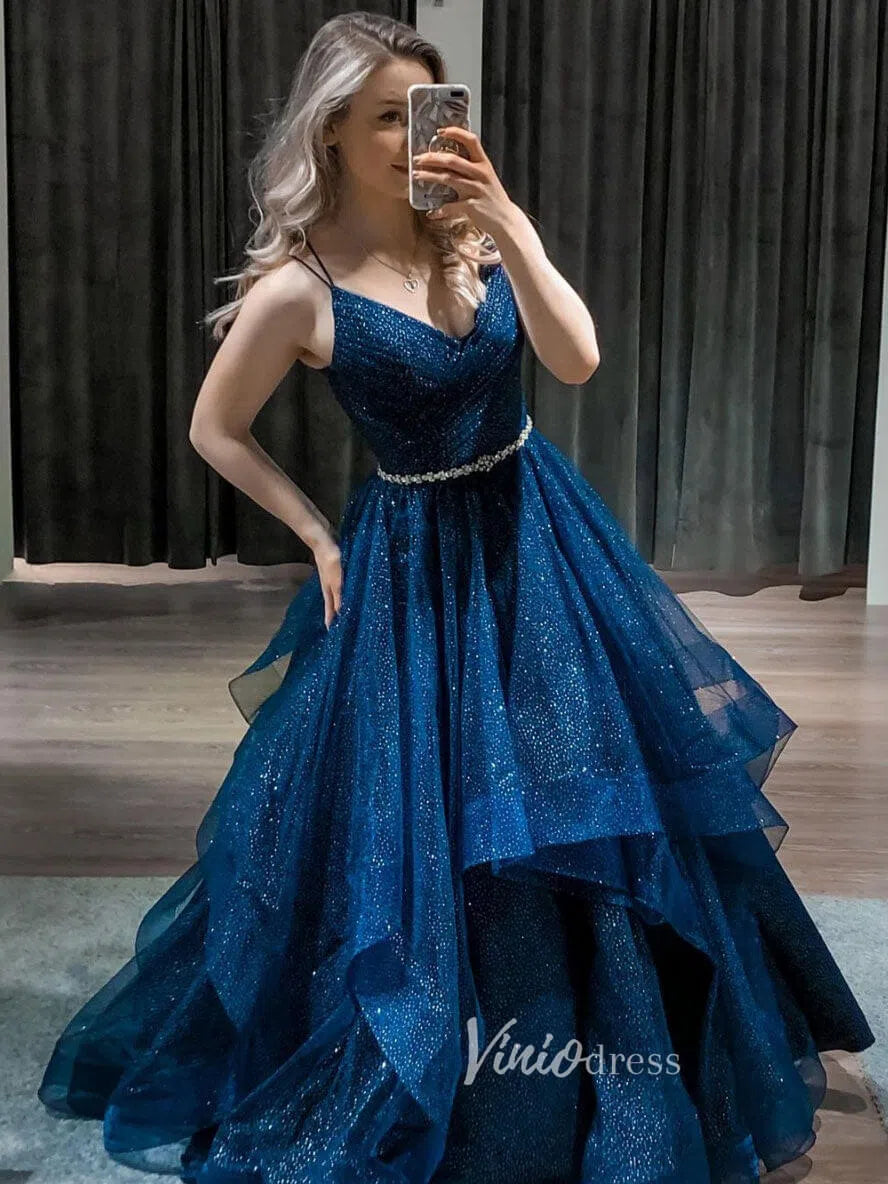 Prom Dress 2025 Sparkly Tulle Ruffle Prom Dresses Lace-up Back Ball Gowns FD1017B-unique prom dresses-Blue-Custom Size-Viniodress