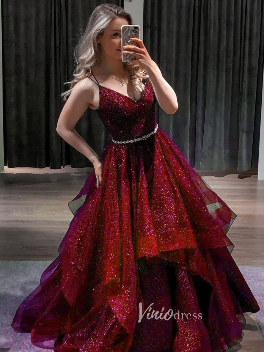 Prom Dress 2025 Sparkly Tulle Ruffle Prom Dresses Lace-up Back Ball Gowns FD1017B-unique prom dresses-Burgundy-Custom Size-Viniodress