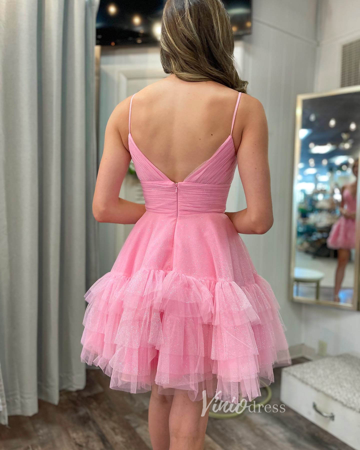 Sparkly Tulle Ruffled Homecoming Dresses Spaghetti Strap Short Prom Dress SD1638-prom dresses 2025 -Viniodress-Pink-Custom Size-