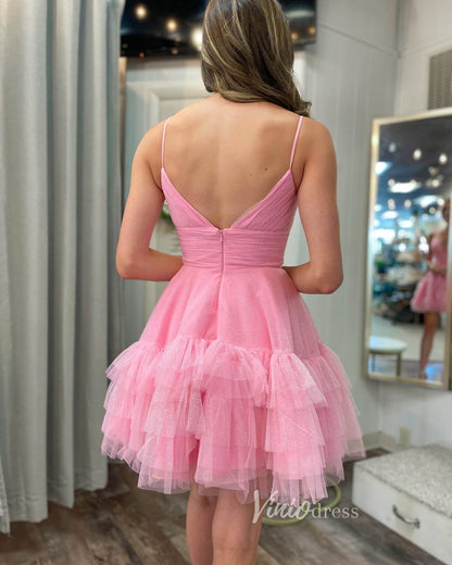 Sparkly Tulle Ruffled Homecoming Dresses Spaghetti Strap Short Prom Dress SD1638-prom dresses 2025 -Viniodress-Pink-Custom Size-