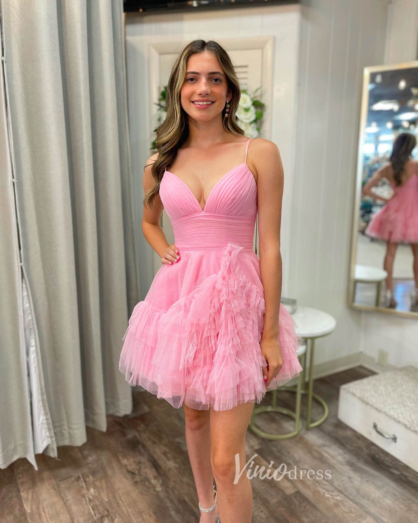 Sparkly Tulle Ruffled Homecoming Dresses Spaghetti Strap Short Prom Dress SD1638-prom dresses 2025 -Viniodress-Pink-Custom Size-