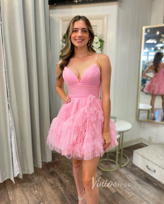 Sparkly Tulle Ruffled Homecoming Dresses Spaghetti Strap Short Prom Dress SD1638-prom dresses 2025 -Viniodress-Pink-Custom Size-
