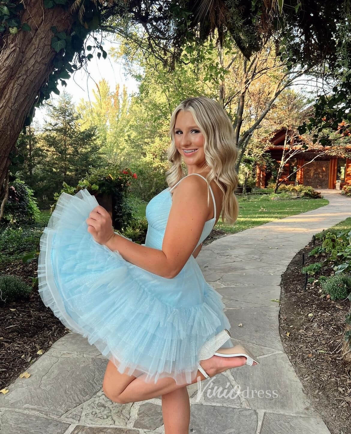 Sparkly Tulle Ruffled Homecoming Dresses Spaghetti Strap Short Prom Dress SD1638-prom dresses 2025 -Viniodress-Pink-Custom Size-