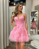 Sparkly Tulle Ruffled Homecoming Dresses Spaghetti Strap Short Prom Dress SD1638-prom dresses-Viniodress-Viniodress