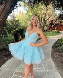 Sparkly Tulle Ruffled Homecoming Dresses Spaghetti Strap Short Prom Dress SD1638-prom dresses-Viniodress-Light Blue-Custom Size-Viniodress