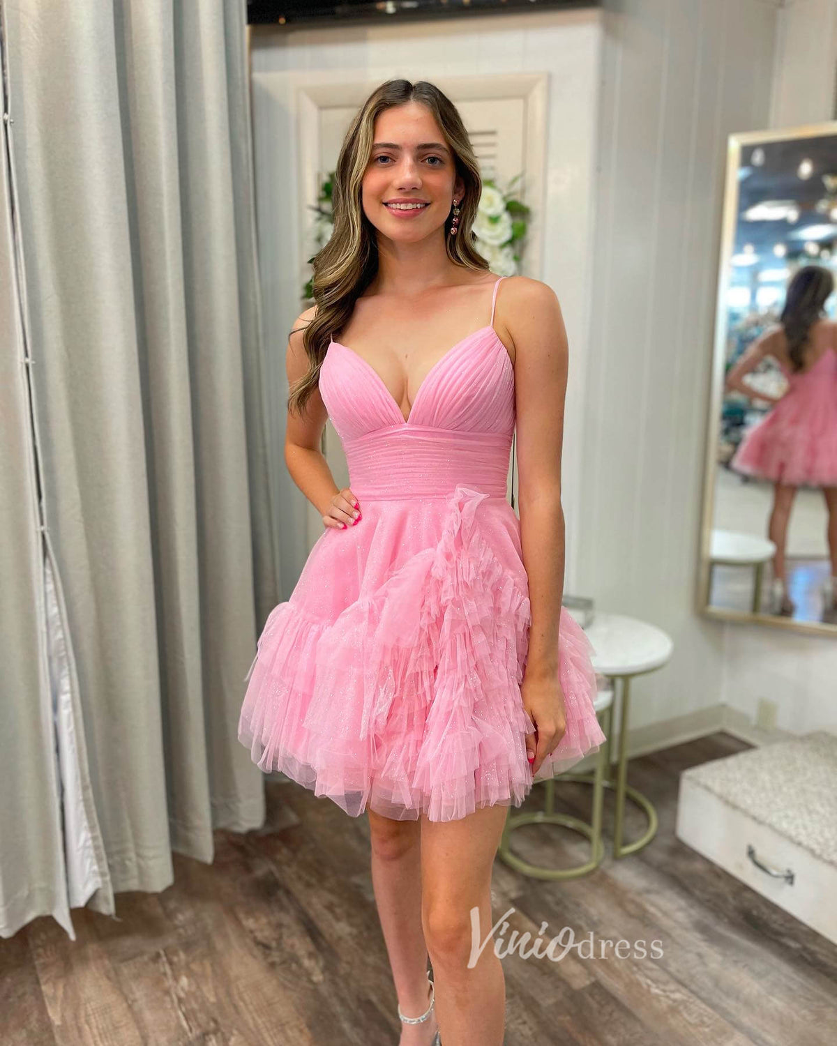 Sparkly Tulle Ruffled Homecoming Dresses Spaghetti Strap Short Prom Dress SD1638-prom dresses-Viniodress-Pink-Custom Size-Viniodress